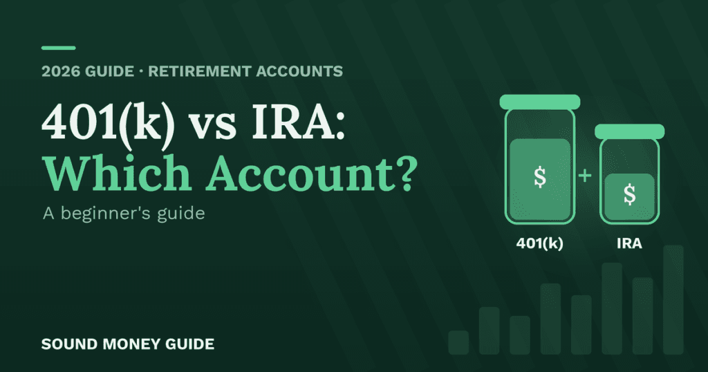 Two savings jars labeled 401(k) and IRA, illustrating the two main retirement account types