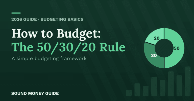 50/30/20 budgeting rule pie chart showing income split into 50% needs, 30% wants, and 20% savings