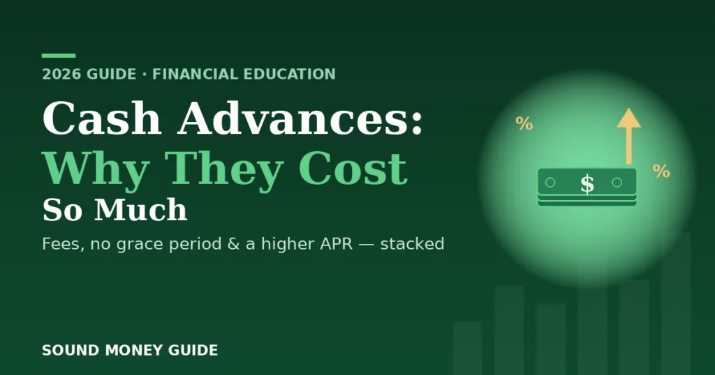 Sound Money Guide banner for "Cash Advances: Why They Cost So Much," showing a stack of cash with a rising cost arrow on a dark green background.