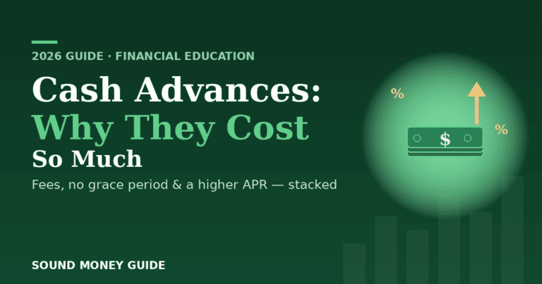 Sound Money Guide banner for "Cash Advances: Why They Cost So Much," showing a stack of cash with a rising cost arrow on a dark green background.