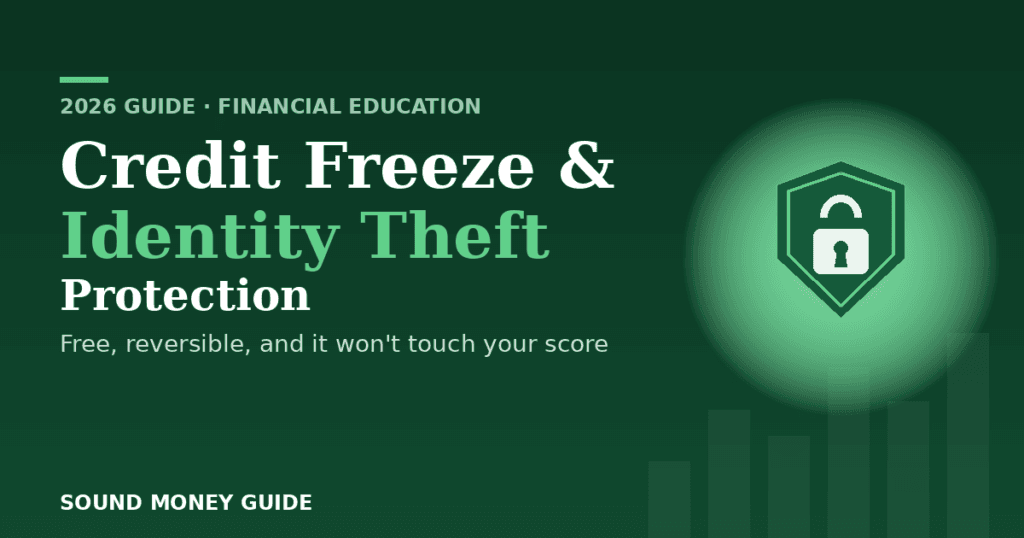 Sound Money Guide banner for "Credit Freeze & Identity Theft Protection," showing a shield with a padlock on a dark green background