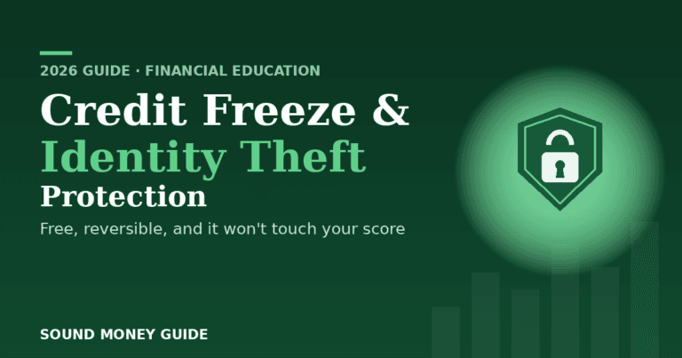 Sound Money Guide banner for "Credit Freeze & Identity Theft Protection," showing a shield with a padlock on a dark green background