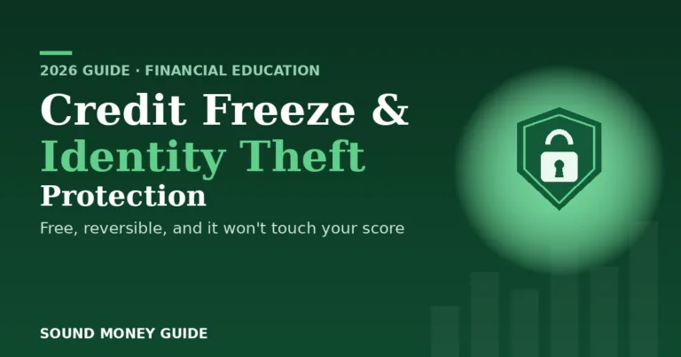 Sound Money Guide banner for "Credit Freeze & Identity Theft Protection," showing a shield with a padlock on a dark green background