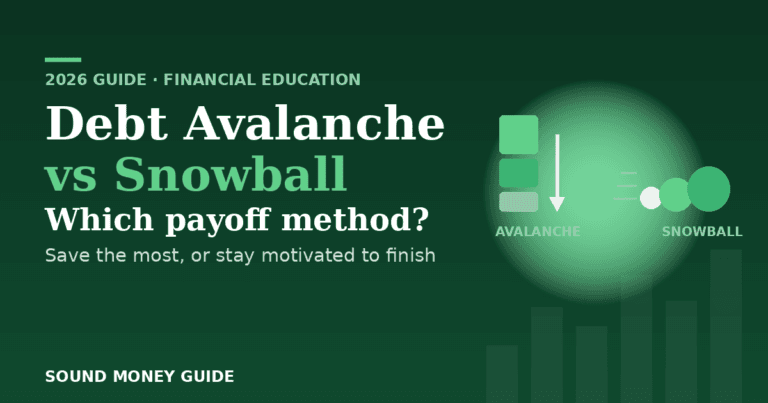 Sound Money Guide banner for "Debt Avalanche vs Snowball: Which Payoff Method?", showing a descending avalanche stack and a growing snowball on a dark green background.