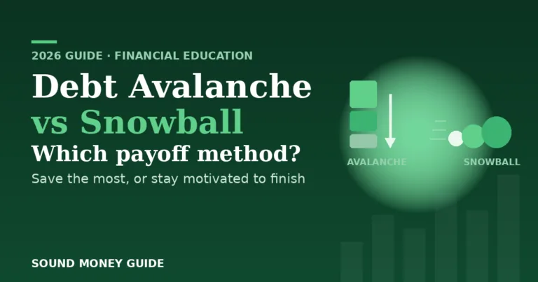 Sound Money Guide banner for "Debt Avalanche vs Snowball: Which Payoff Method?", showing a descending avalanche stack and a growing snowball on a dark green background.