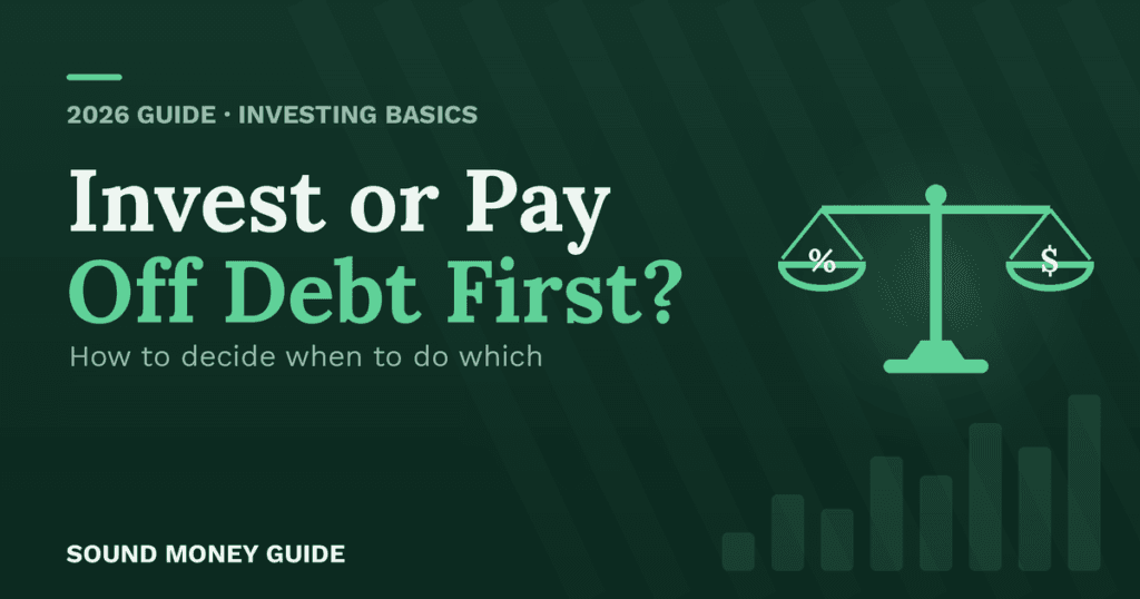 Balance scale weighing debt interest against investment returns, illustrating the invest-versus-pay-off-debt decision