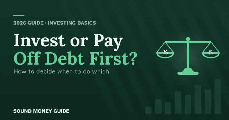 Balance scale weighing debt interest against investment returns, illustrating the invest-versus-pay-off-debt decision