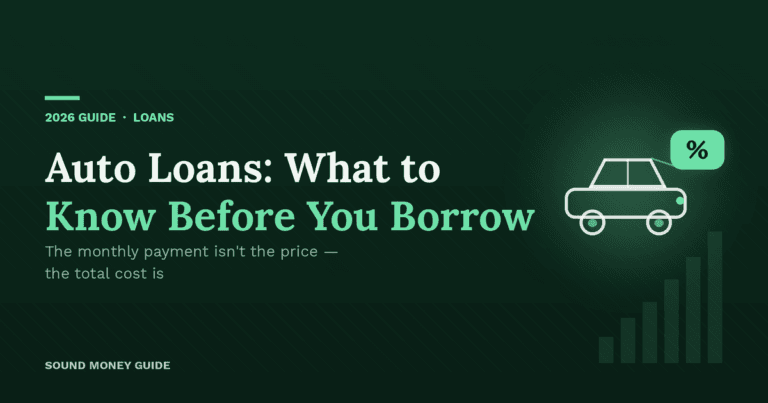 Illustration of a car with a percentage badge and a rising bar chart on a dark green background — Sound Money Guide's 2026 guide to auto loans and what to know before you borrow.