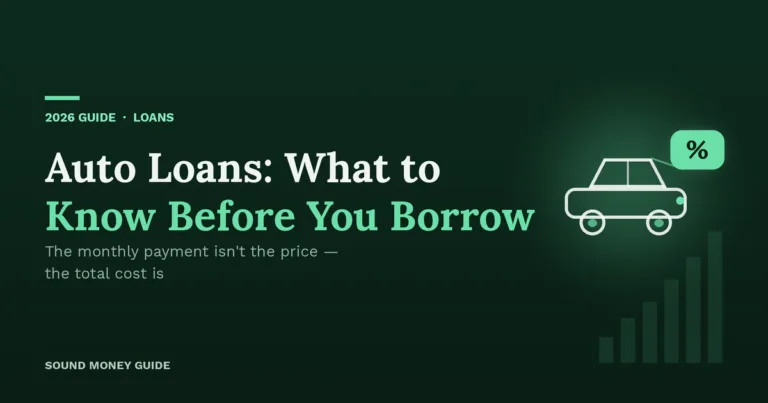 Illustration of a car with a percentage badge and a rising bar chart on a dark green background — Sound Money Guide's 2026 guide to auto loans and what to know before you borrow.